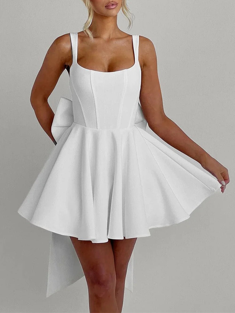 Corset Bodice Square Neck Pleated Back Bow Train Fit and Flare Mini Dress