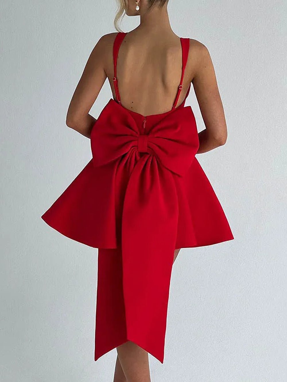 Corset Bodice Square Neck Pleated Back Bow Train Fit and Flare Mini Dress
