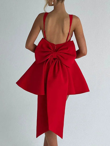 Corset Bodice Square Neck Pleated Back Bow Train Fit and Flare Mini Dress