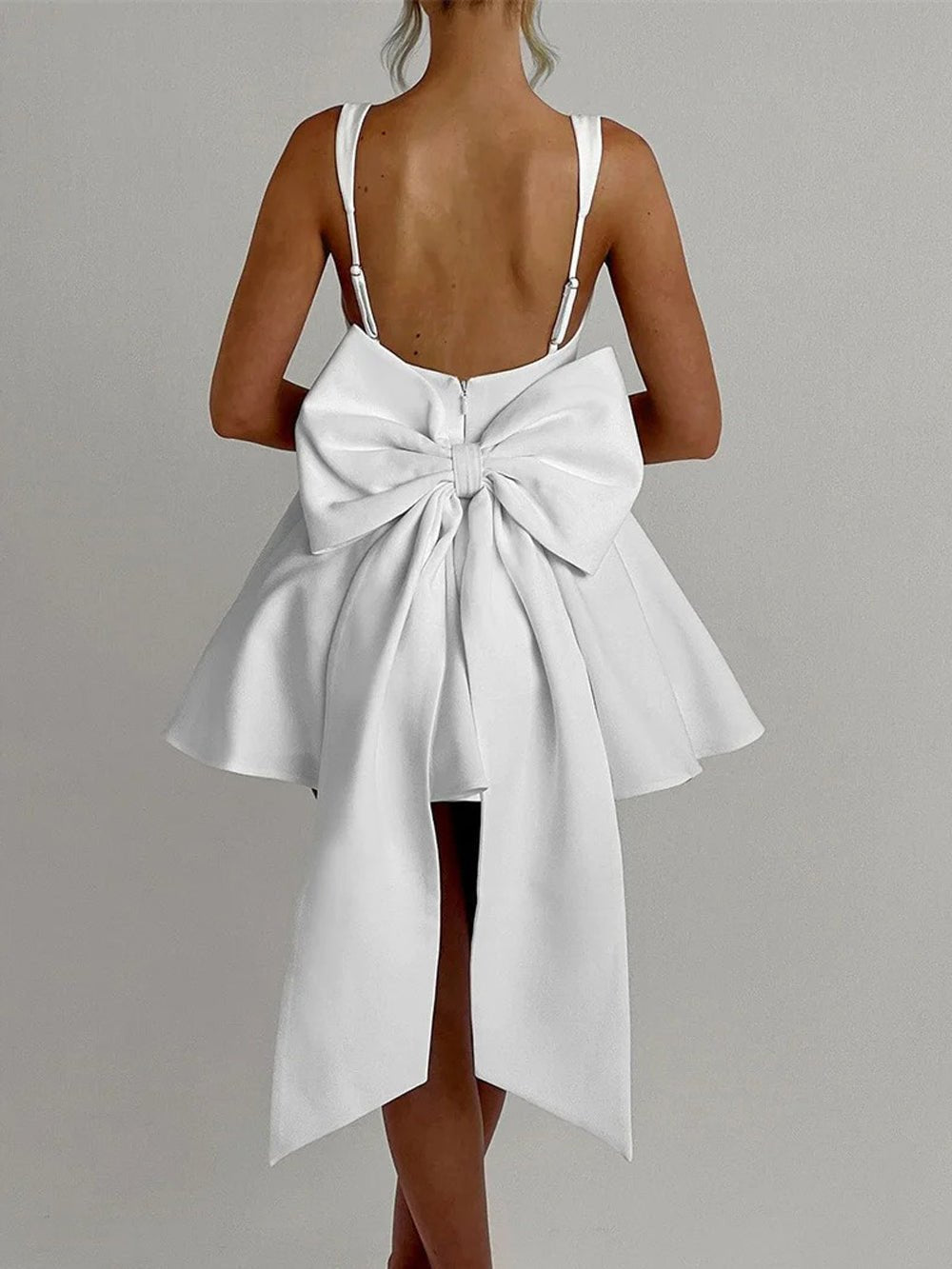 Corset Bodice Square Neck Pleated Back Bow Train Fit and Flare Mini Dress