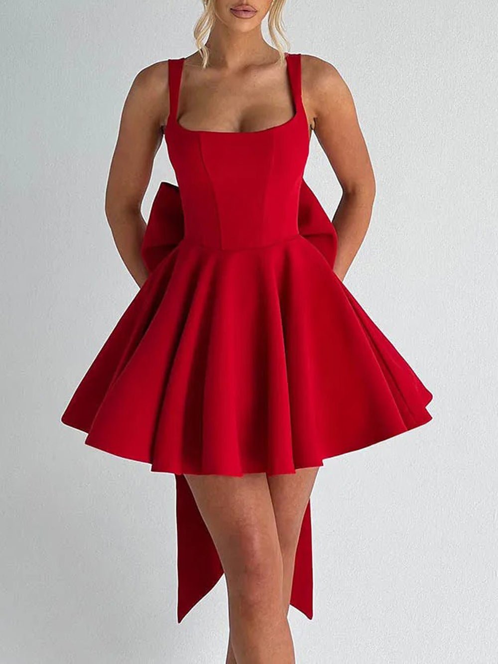 Corset Bodice Square Neck Pleated Back Bow Train Fit and Flare Mini Dress