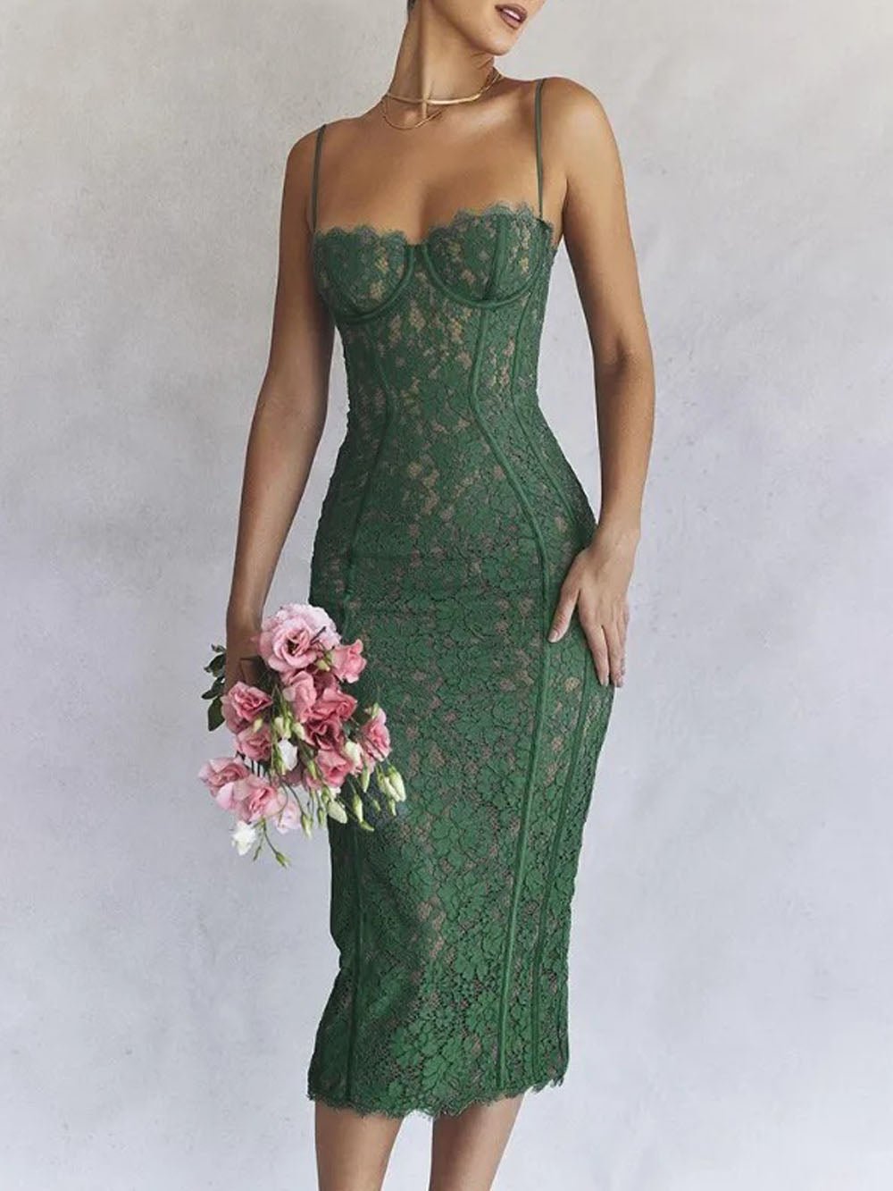 Floral Lace Corset Bustier Scalloped Trim Spaghetti Strap Midi Dress