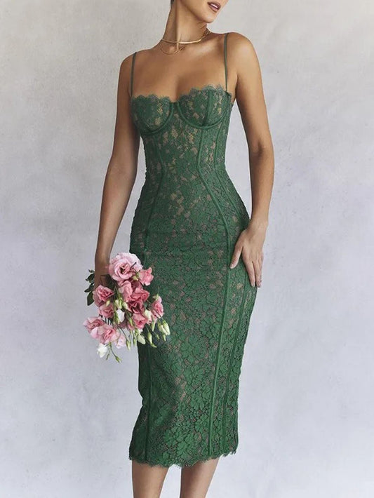 Floral Lace Corset Bustier Scalloped Trim Spaghetti Strap Midi Dress