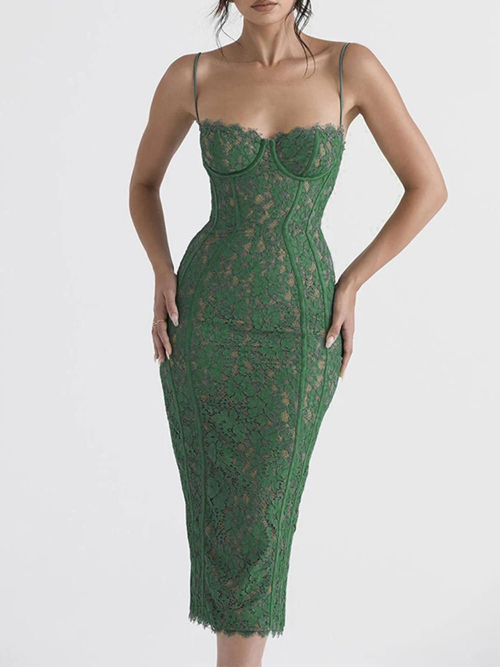 Floral Lace Corset Bustier Scalloped Trim Spaghetti Strap Midi Dress
