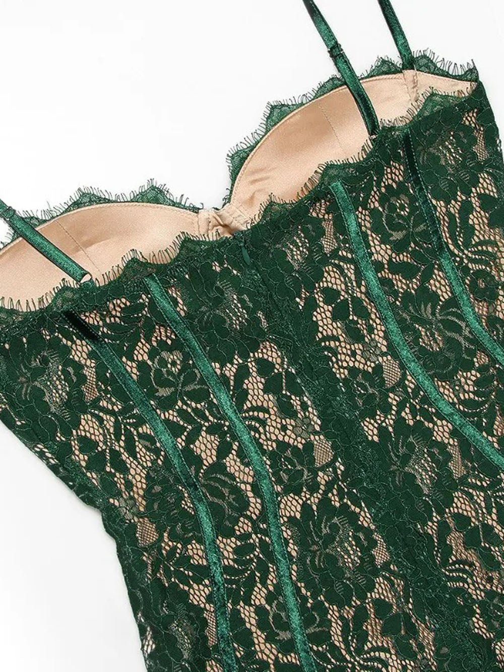 Floral Lace Corset Bustier Scalloped Trim Spaghetti Strap Midi Dress