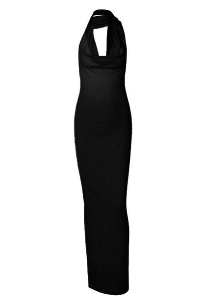 Halter Cowl Neck Ribbed Knit Wrap Neck Detail Bodycon Maxi Dress