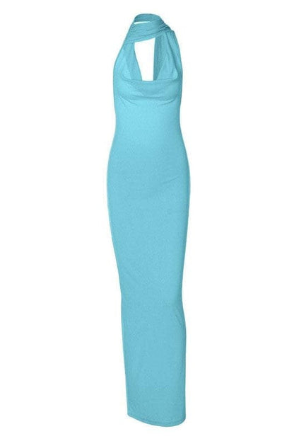 Halter Cowl Neck Ribbed Knit Wrap Neck Detail Bodycon Maxi Dress