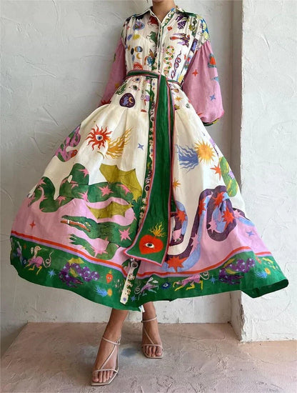 Graphic Print Collared Long Sleeve Belted Button Front Maxi Shirt Dress