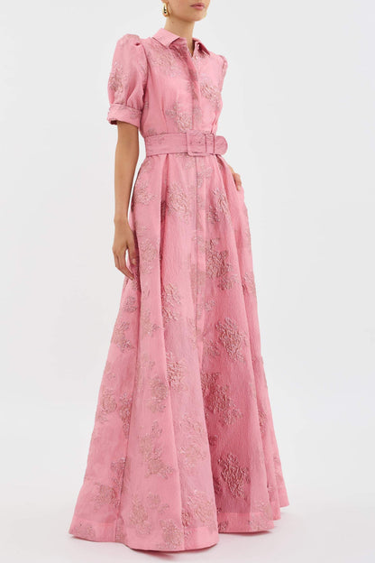 The Anabella — Jacquard Maxi Dress with Puff Sleeves