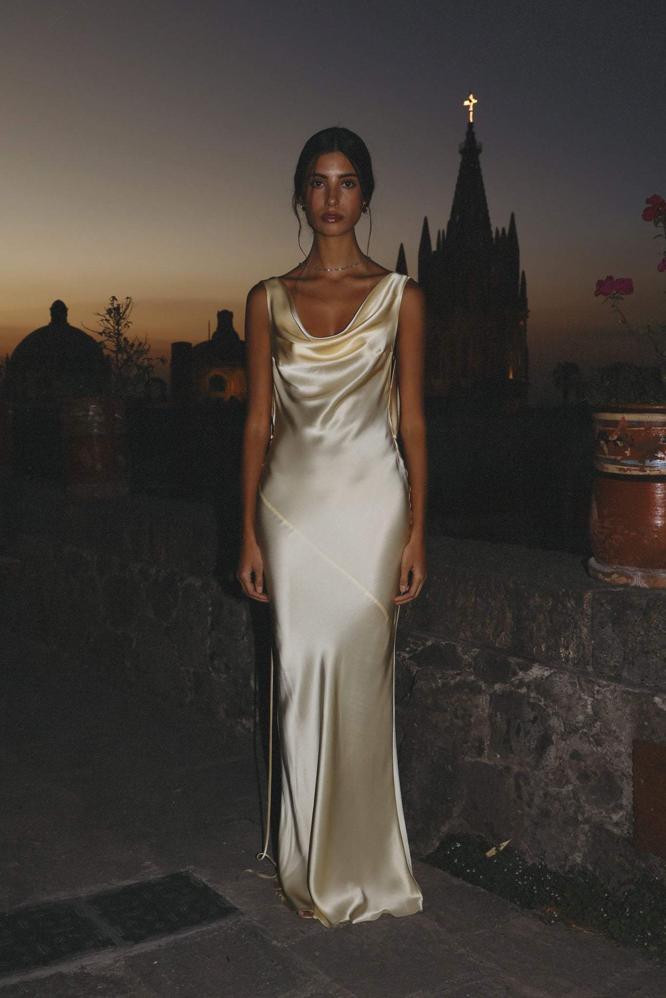 Satin Cowl Neck Off-Shoulder Draped Hip Bodycon Maxi Dress