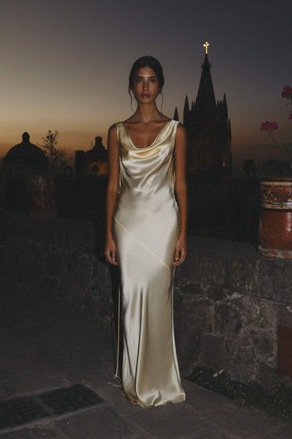 Satin Cowl Neck Off-Shoulder Draped Hip Bodycon Maxi Dress