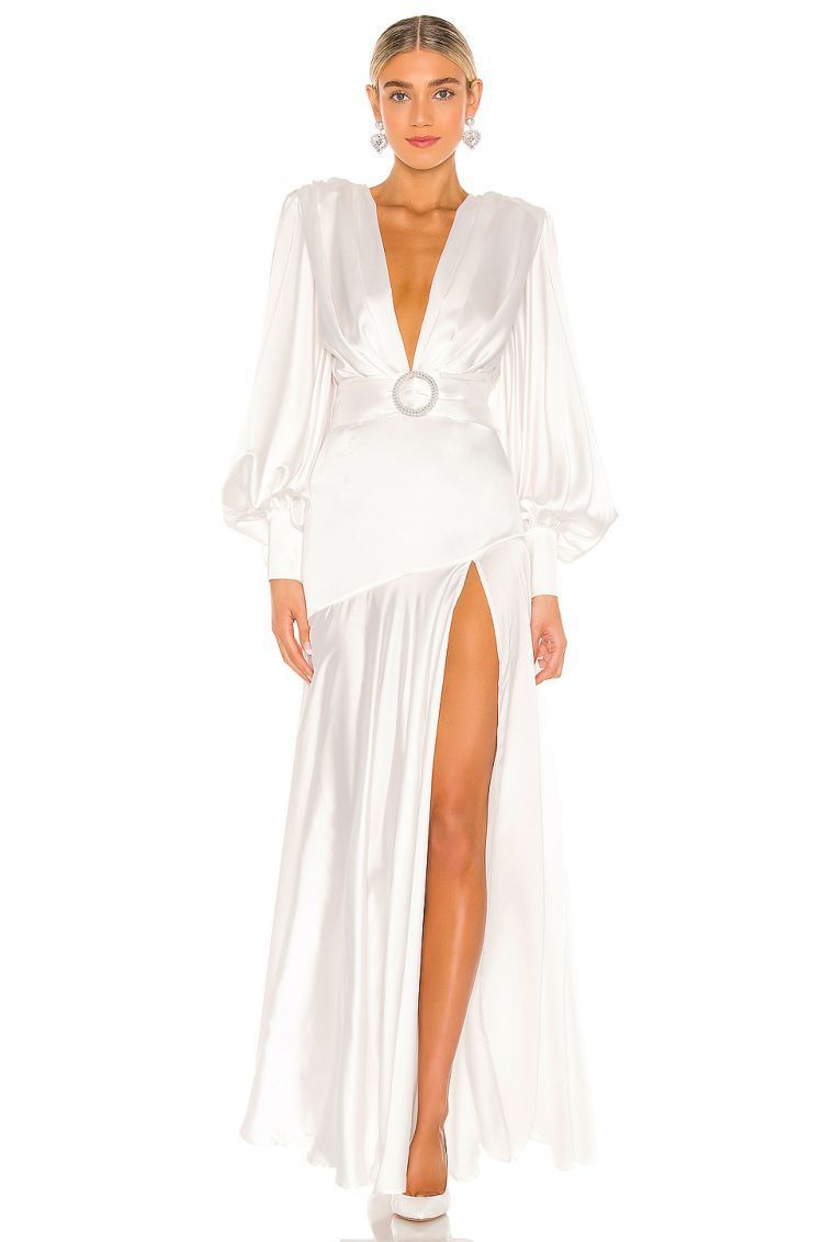 Satin Plunge V-Neck Bishop Sleeve Belted Buckle Waist A-Line Maxi Gown
