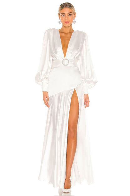 Satin Plunge V-Neck Bishop Sleeve Belted Buckle Waist A-Line Maxi Gown