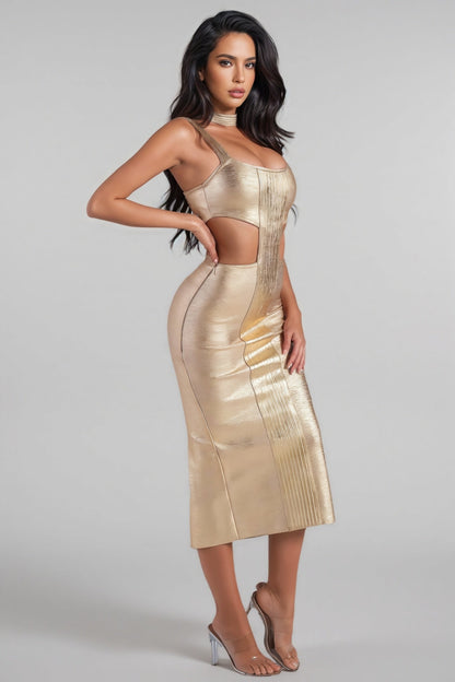 Twist Metallic Midi Bandage Dress