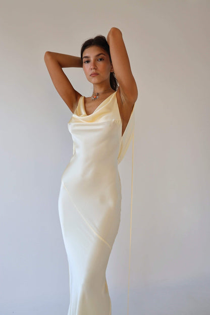 Satin Cowl Neck Off-Shoulder Draped Hip Bodycon Maxi Dress