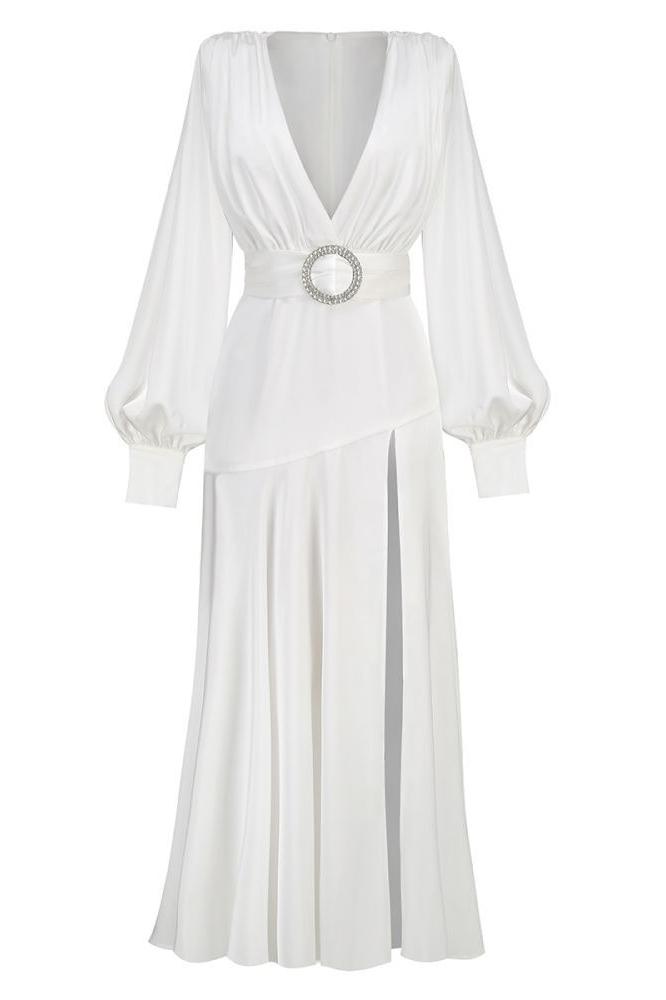 Satin Plunge V-Neck Bishop Sleeve Belted Buckle Waist A-Line Maxi Gown