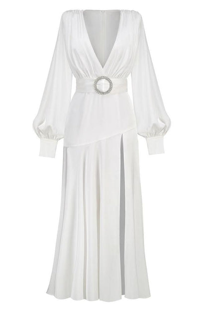 Satin Plunge V-Neck Bishop Sleeve Belted Buckle Waist A-Line Maxi Gown