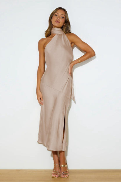 Halter Back Sash Strap Satin Side Slit Midi Dress