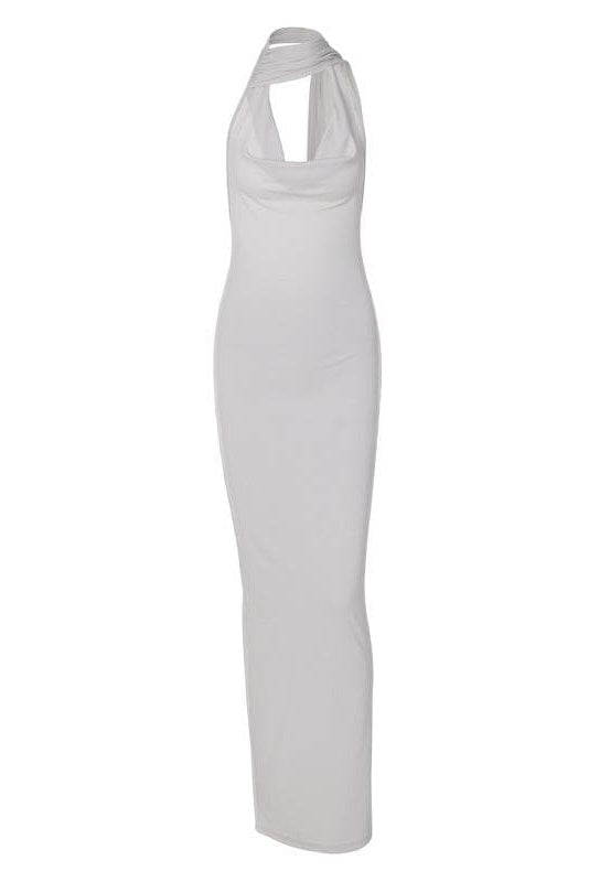 Halter Cowl Neck Ribbed Knit Wrap Neck Detail Bodycon Maxi Dress