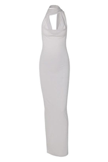 Halter Cowl Neck Ribbed Knit Wrap Neck Detail Bodycon Maxi Dress