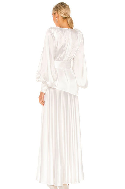 Satin Plunge V-Neck Bishop Sleeve Belted Buckle Waist A-Line Maxi Gown