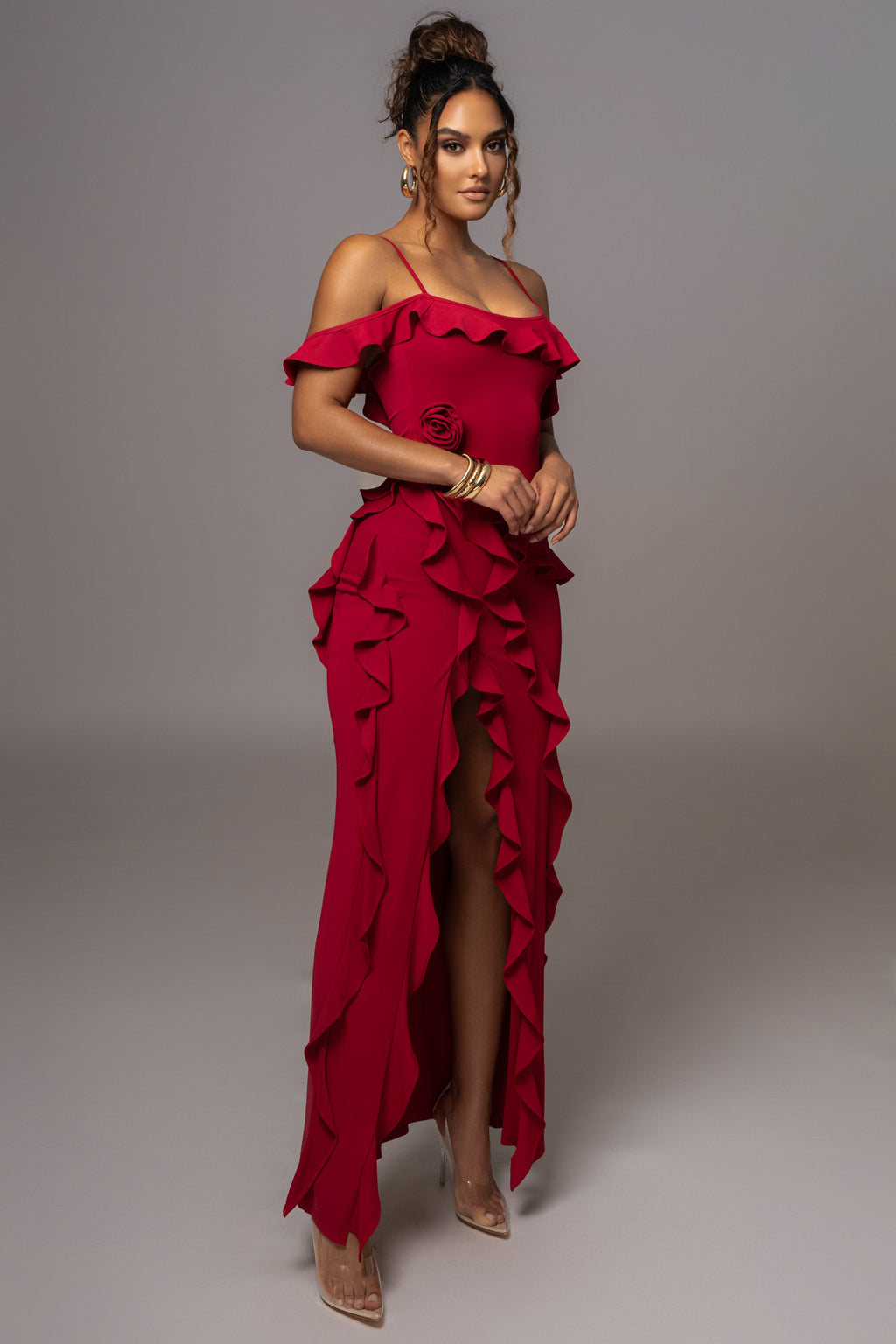 Solid Strapless 3D Floral Split Ruffle Maxi Dress