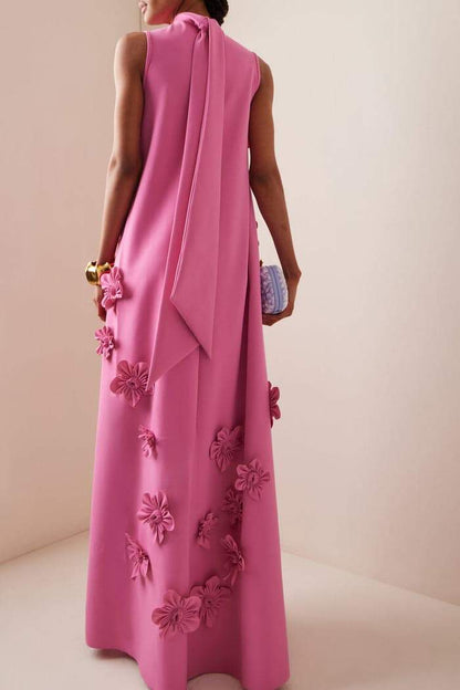 Three-Dimensional Floral Appliqué Mock Neck Sleeveless Shift Maxi Dress