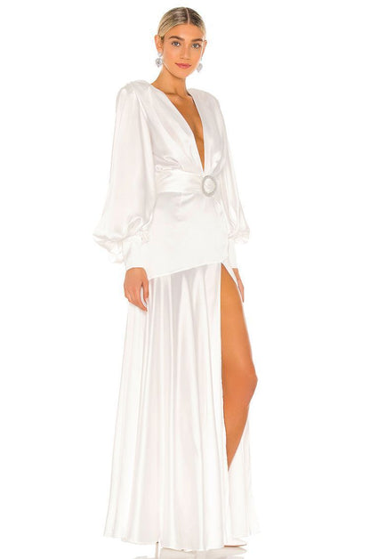 Satin Plunge V-Neck Bishop Sleeve Belted Buckle Waist A-Line Maxi Gown