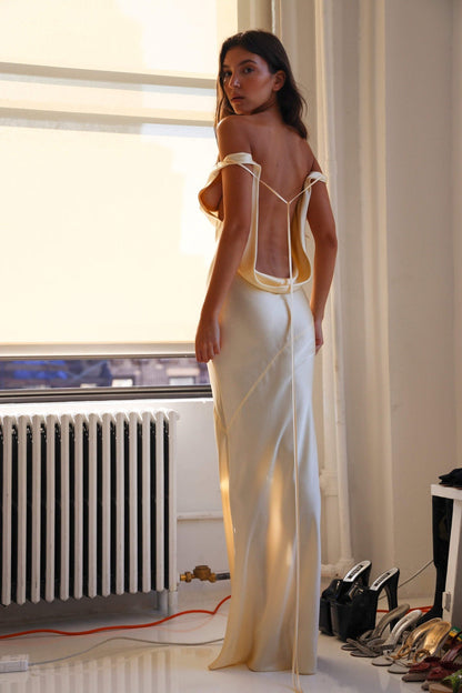 Satin Cowl Neck Off-Shoulder Draped Hip Bodycon Maxi Dress