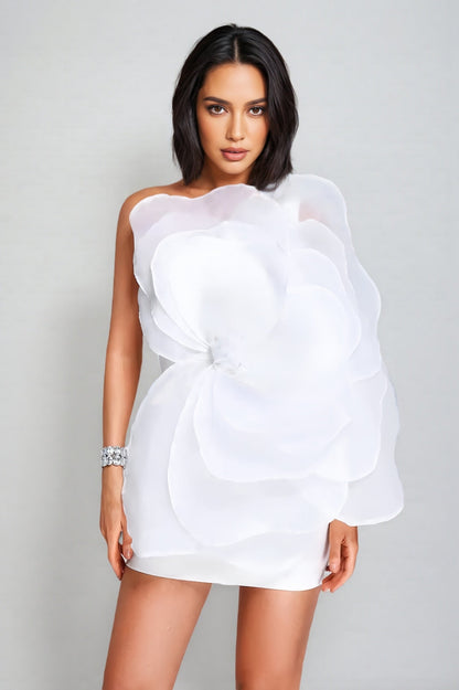 Opal Mesh Flower Mini Tube Dress-White