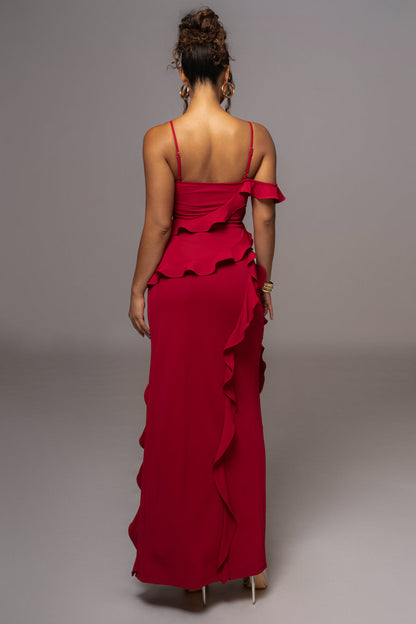 Solid Strapless 3D Floral Split Ruffle Maxi Dress