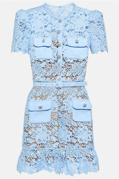Round Neck Button Front Floral Lace Puff Sleeve Patch Pocket Belted Mini Dress
