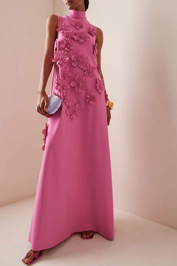 Mock Neck 3D Floral Applique A-Line Shift Mini Dress