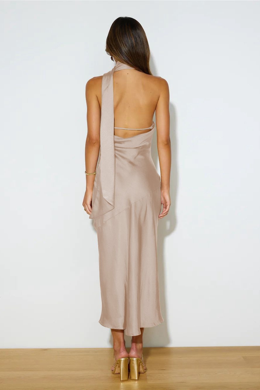 Halter Back Sash Strap Satin Side Slit Midi Dress