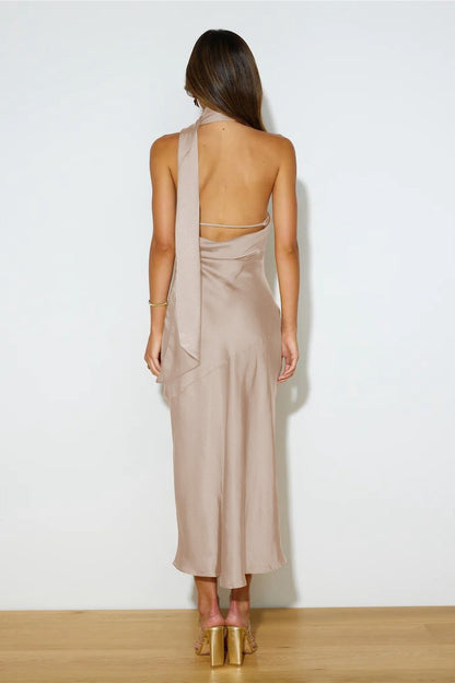 Halter Back Sash Strap Satin Side Slit Midi Dress