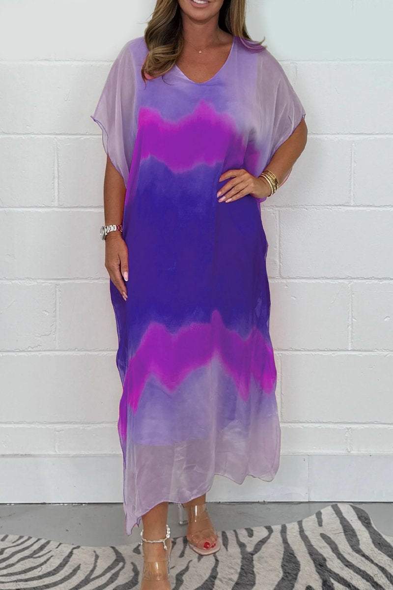 Abstract Ink Wash Sheer Kimono Sleeve Flowy Maxi Dress