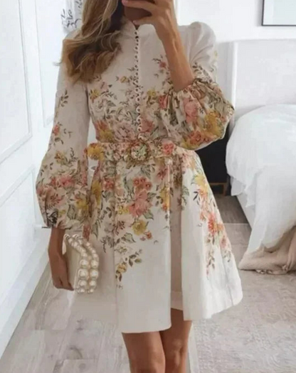 Floral Print Mandarin Collar Bishop Sleeve Button-Front Belted Mini Dress