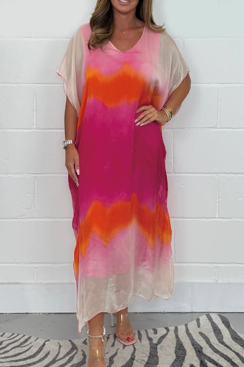 Abstract Ink Wash Sheer Kimono Sleeve Flowy Maxi Dress