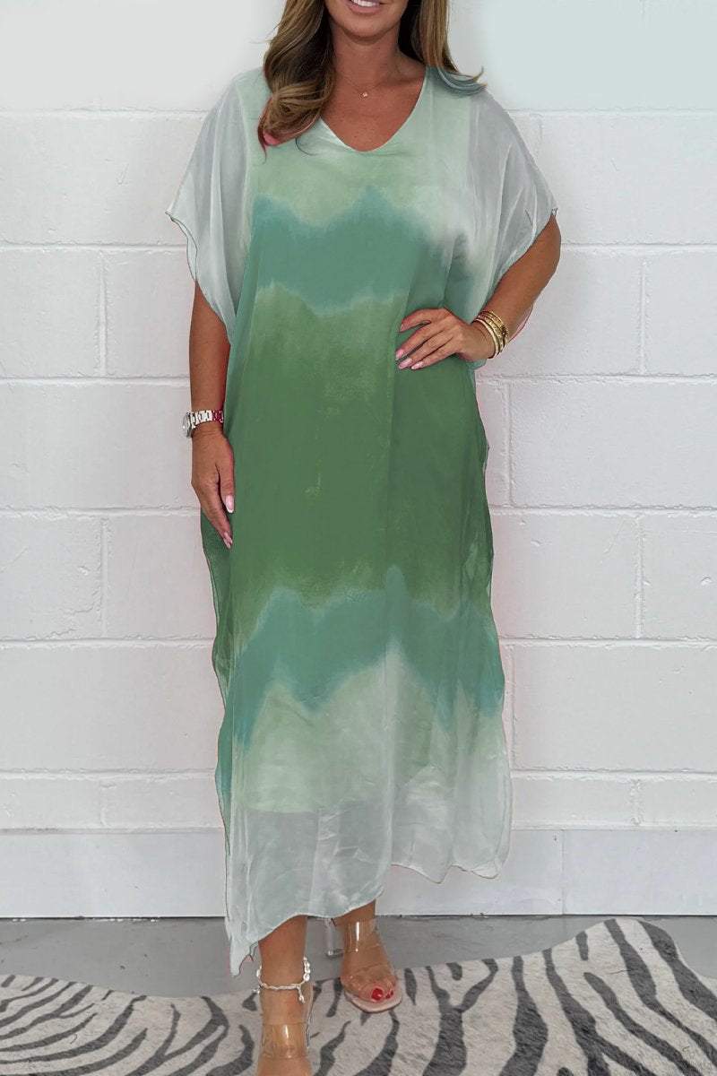 Abstract Ink Wash Sheer Kimono Sleeve Flowy Maxi Dress