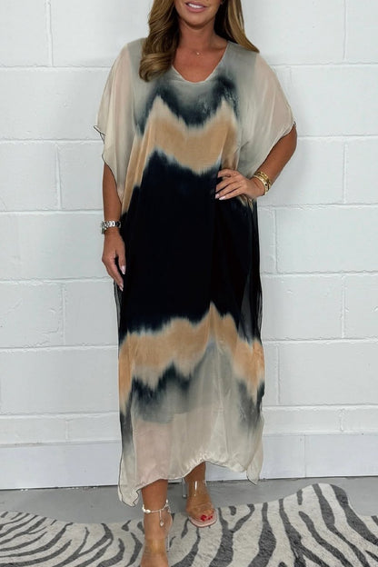 Abstract Ink Wash Sheer Kimono Sleeve Flowy Maxi Dress