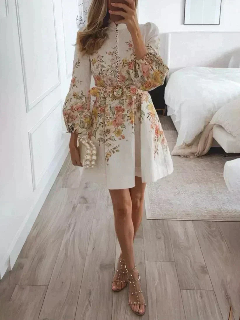 Floral Print Mandarin Collar Bishop Sleeve Button-Front Belted Mini Dress
