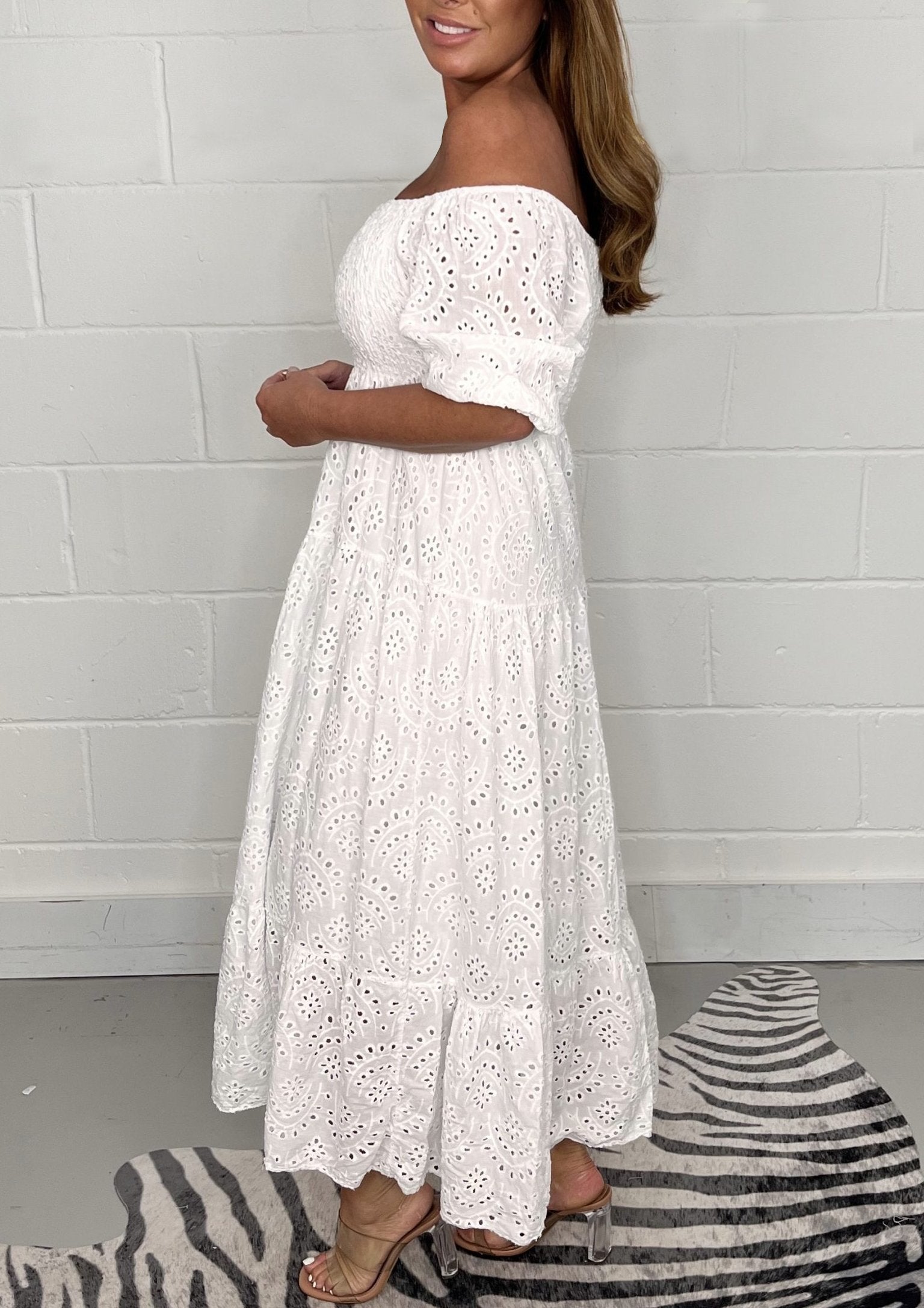 Off Shoulder Smocked Eyelet Lace Puff Sleeve Tiered Flounce Midi Dress
