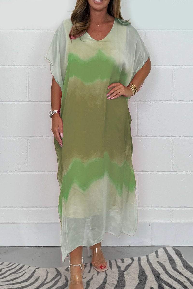 Abstract Ink Wash Sheer Kimono Sleeve Flowy Maxi Dress