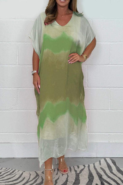 Abstract Ink Wash Sheer Kimono Sleeve Flowy Maxi Dress