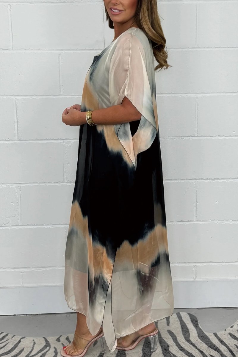 Abstract Ink Wash Sheer Kimono Sleeve Flowy Maxi Dress