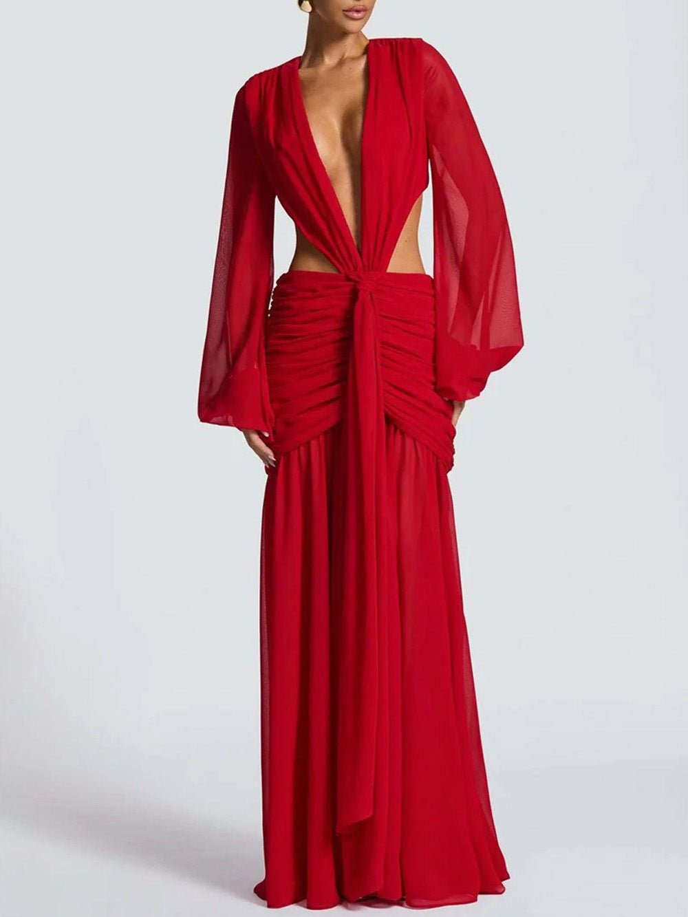 Deep V-Neck Balloon Sleeve Waist Cutout Knot Front Ruched Maxi Gown