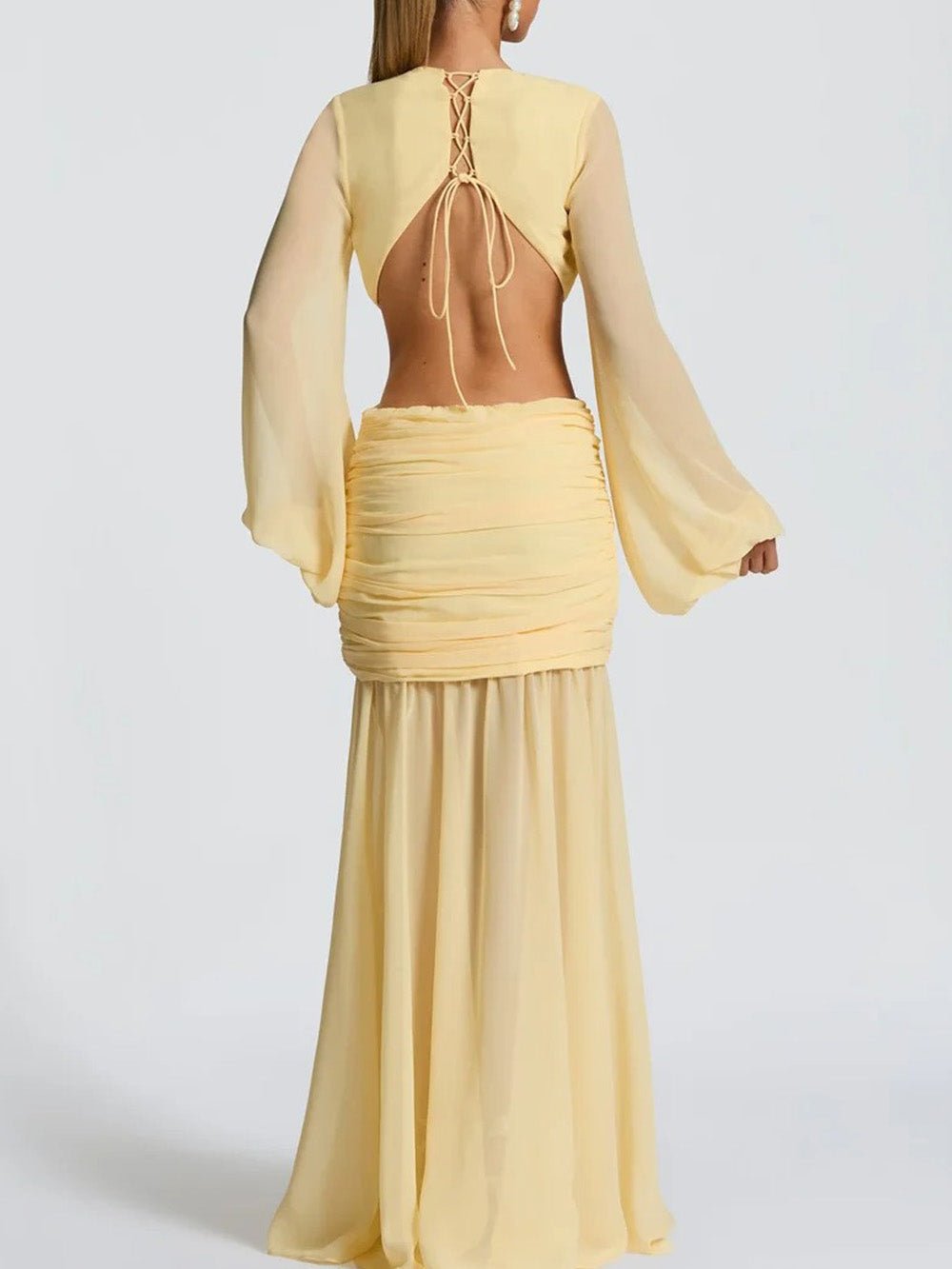 Deep V-Neck Waist Cut Out Lantern Sleeve Ruched Hip Sheer Maxi Dress