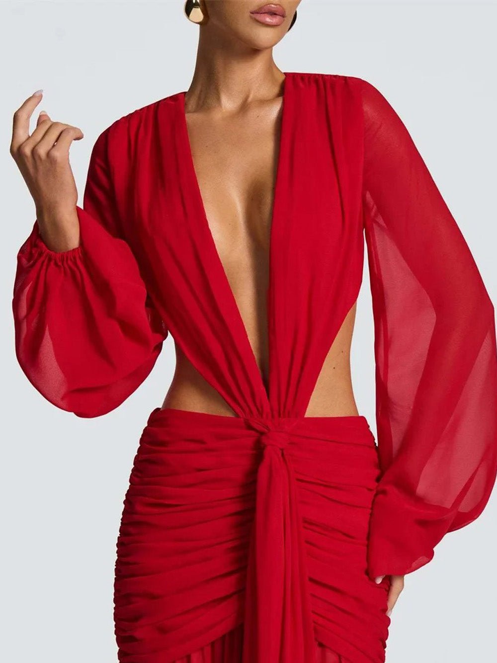 Deep V-Neck Balloon Sleeve Waist Cutout Knot Front Ruched Maxi Gown