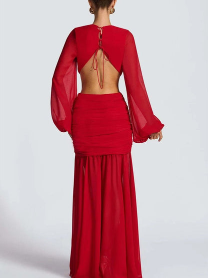 Deep V-Neck Balloon Sleeve Waist Cutout Knot Front Ruched Maxi Gown