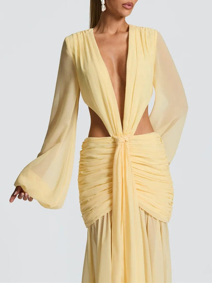 Deep V-Neck Waist Cut Out Lantern Sleeve Ruched Hip Sheer Maxi Dress